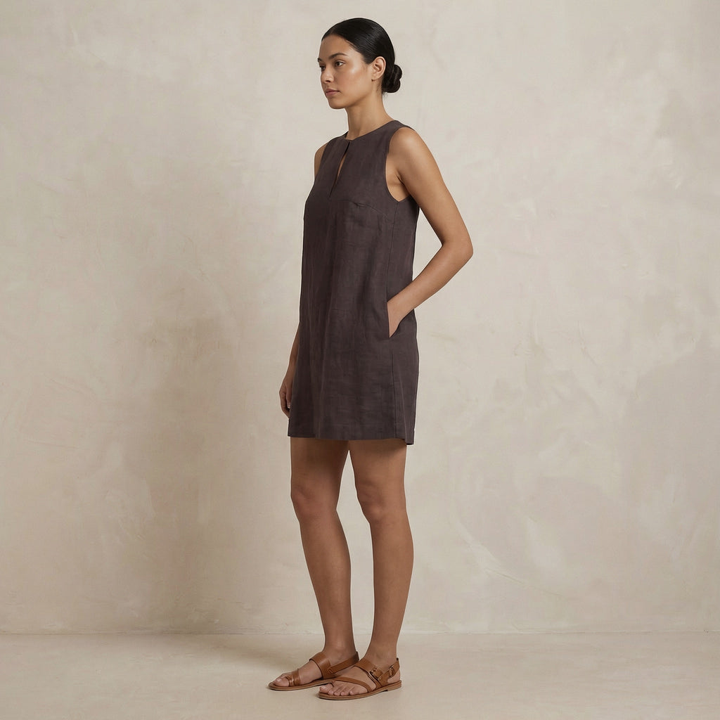 Brown Cotton Flax Sleeveless A-Line Short Shift Dress
