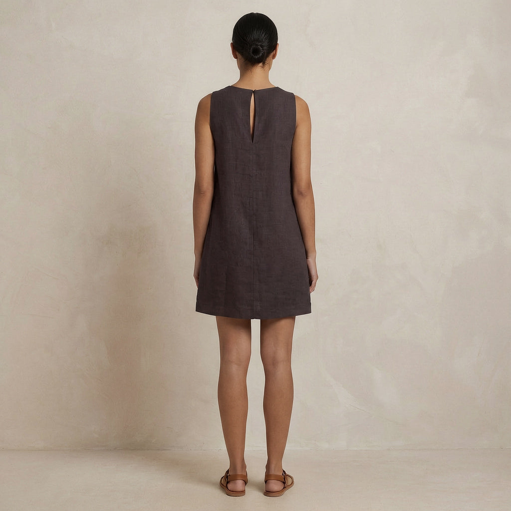 Brown Cotton Flax Sleeveless A-Line Short Shift Dress