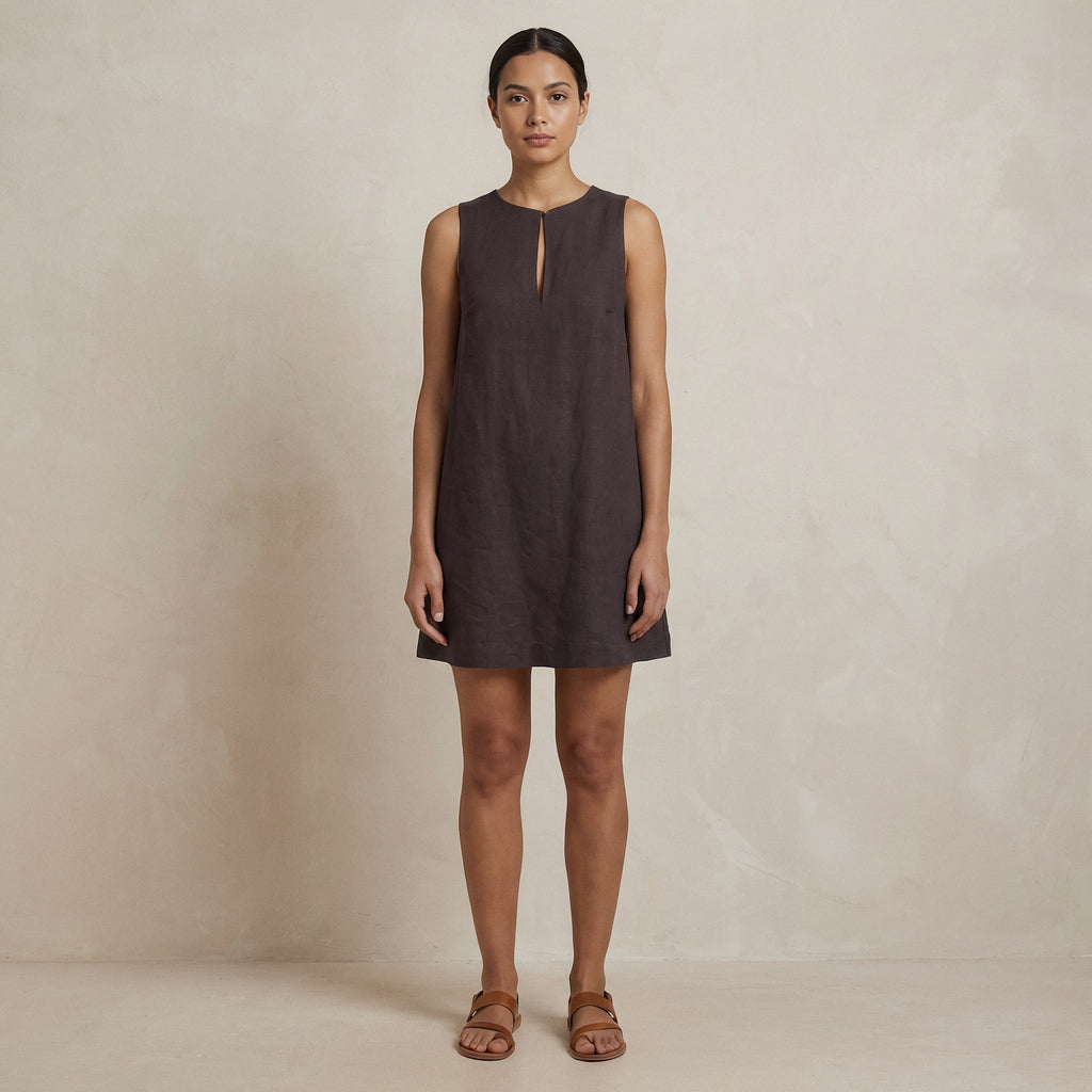 Brown Cotton Flax Sleeveless A-Line Short Shift Dress