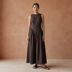 Brown Cotton Flax Sleeveless Paneled Maxi Dress