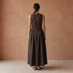 Brown Cotton Flax Sleeveless Paneled Maxi Dress