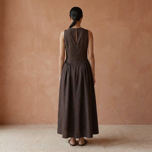 Brown Cotton Flax Sleeveless Paneled Maxi Dress
