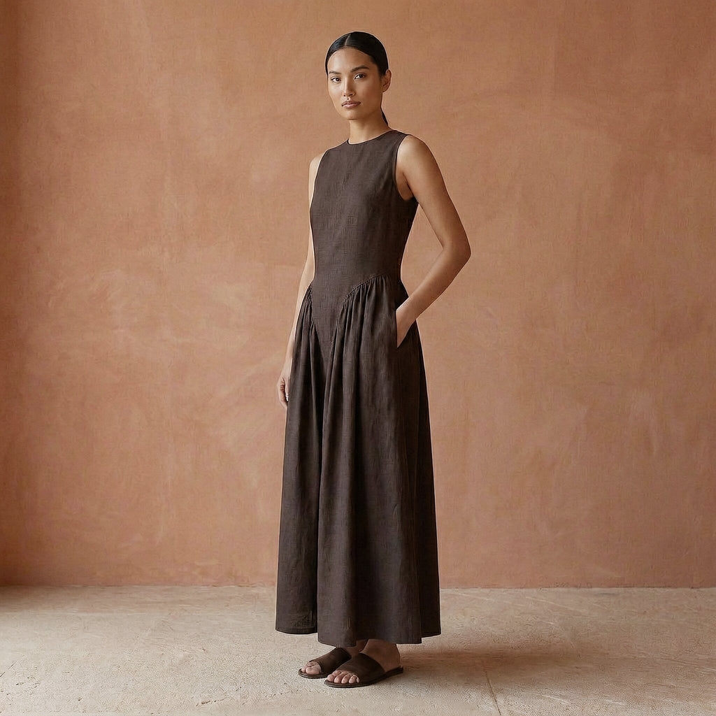 Brown Cotton Flax Sleeveless Paneled Maxi Dress