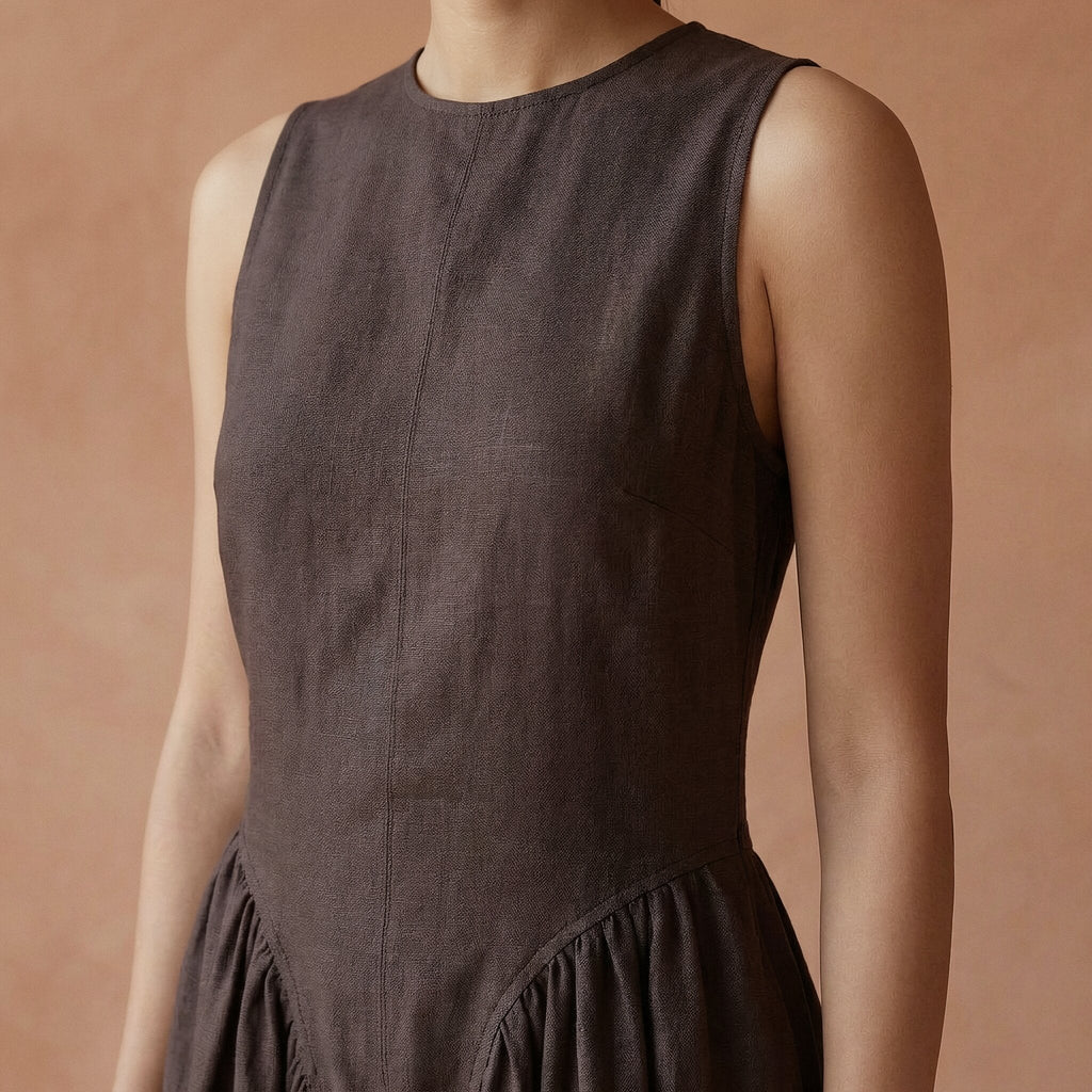 Brown Cotton Flax Sleeveless Paneled Maxi Dress