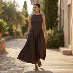 Brown Cotton Flax Sleeveless Paneled Maxi Dress