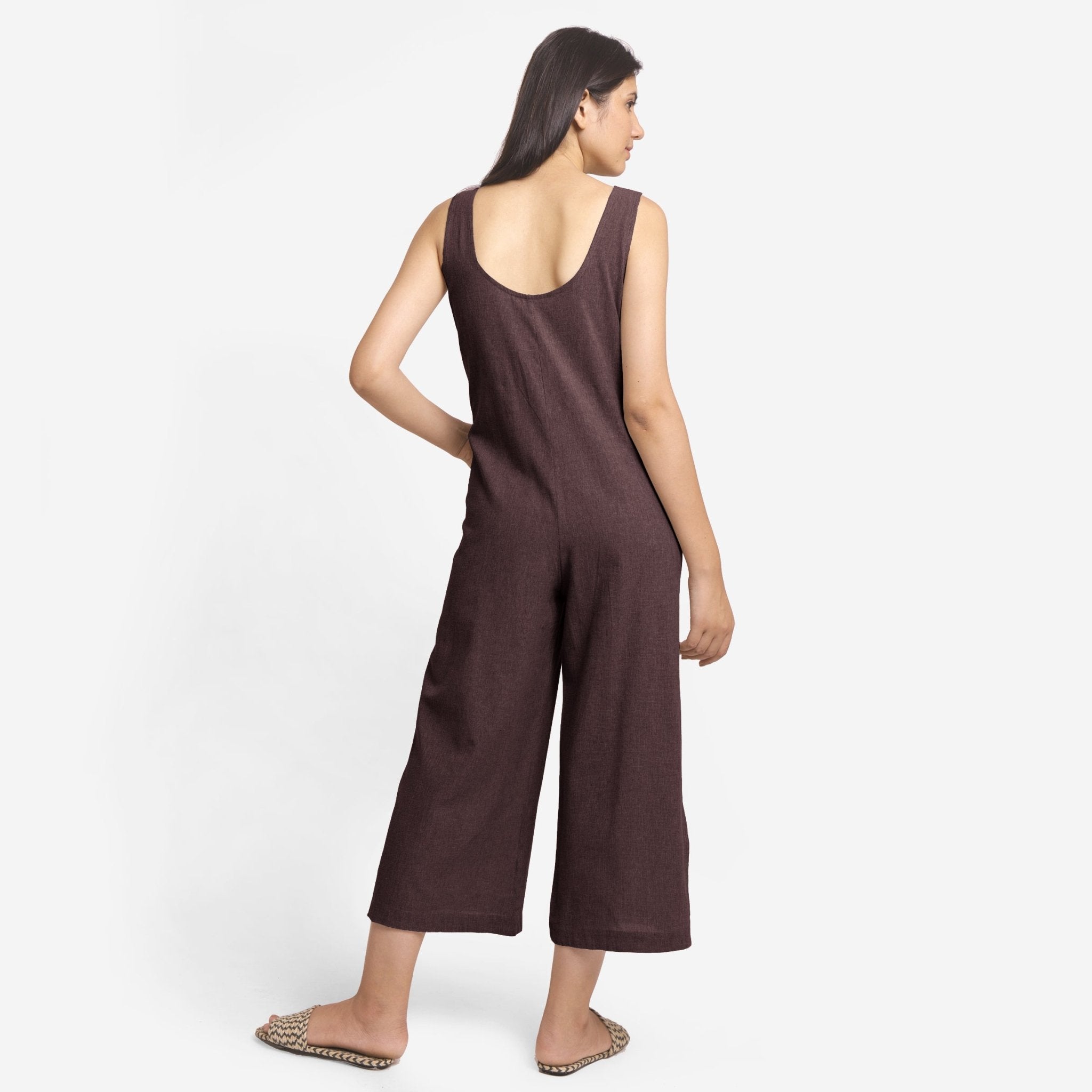 Brown Cotton Flax Sleeveless Wide Legged Jumpsuit
