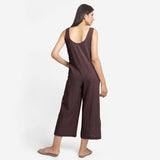 Brown Cotton Flax Sleeveless Wide Legged Jumpsuit