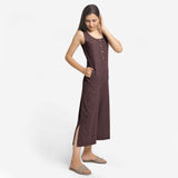 Brown Cotton Flax Sleeveless Wide Legged Jumpsuit