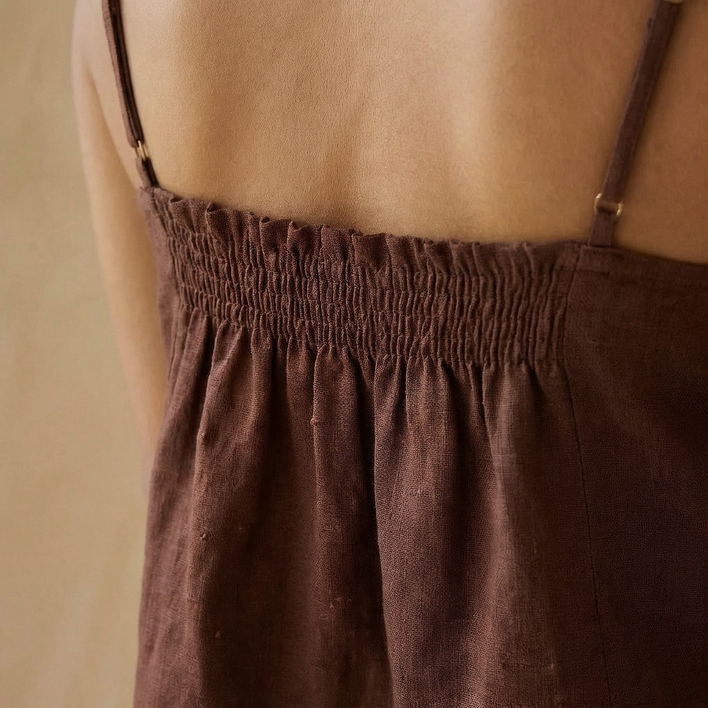 Brown Cotton Flax Spaghetti Strap Top with Elastic Gathered Back