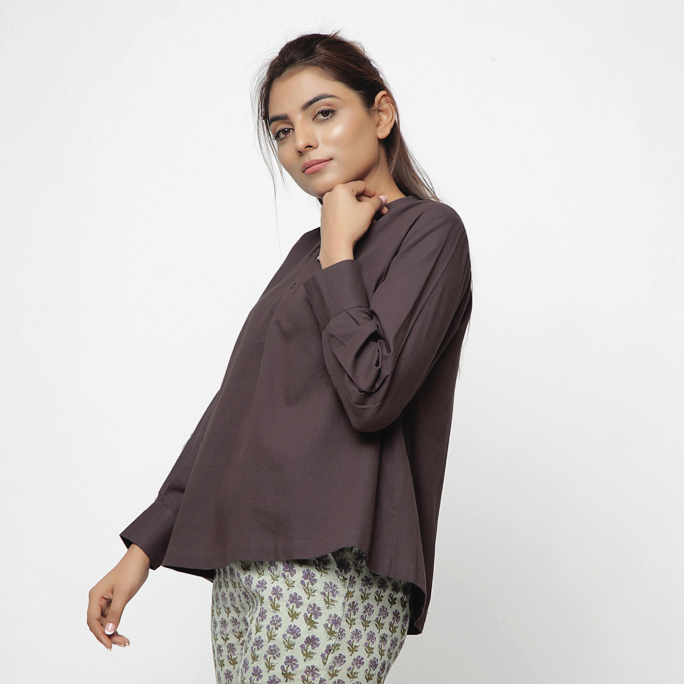 Left View of a Model wearing Brown Cotton Flax Mandarin Collar Yoked Top