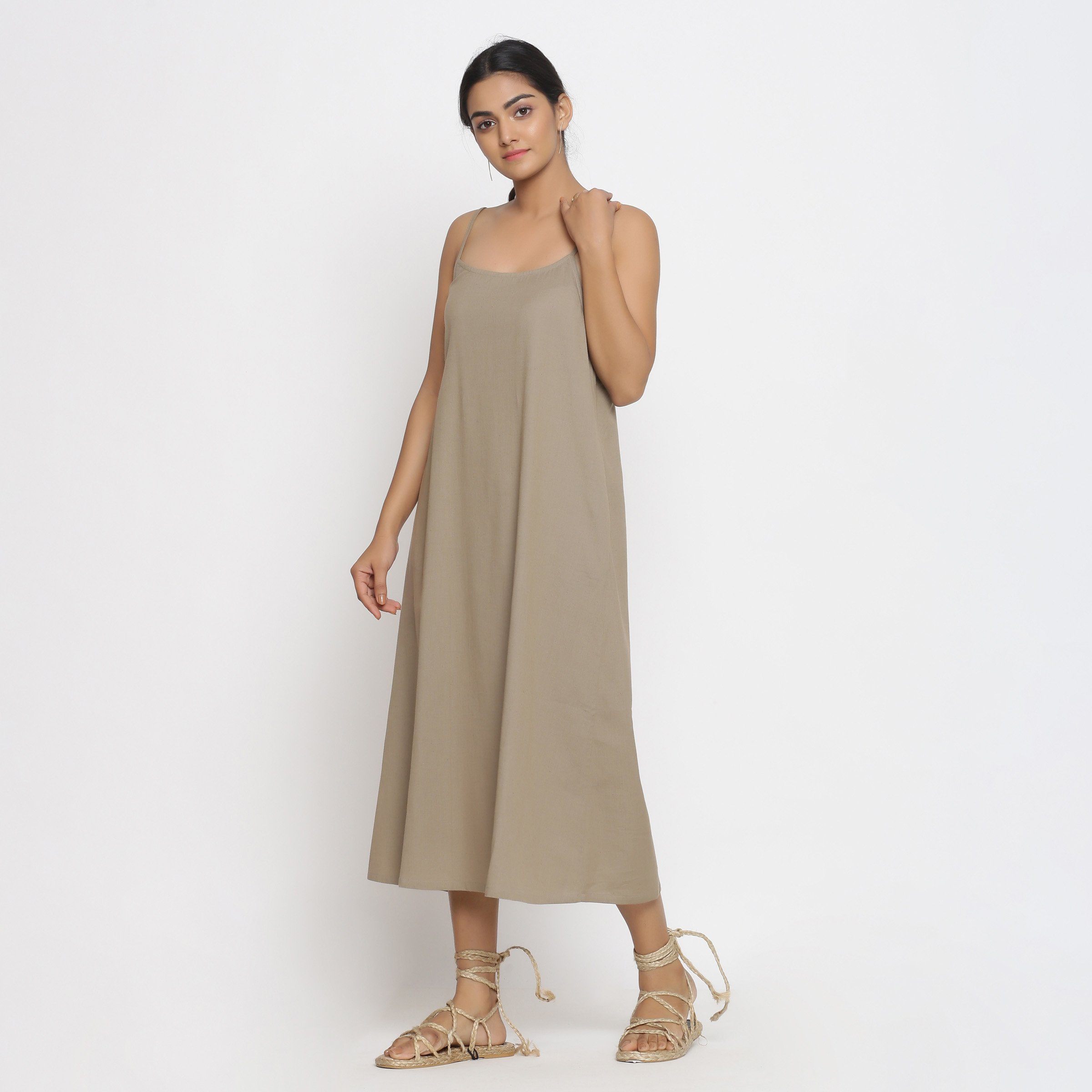 Front View of a Model wearing Brown Cotton Flax Strap Sleeve A-Line Dress