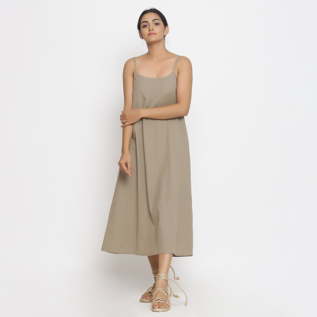 Front View of a Model wearing Brown Cotton Flax Strap Sleeve A-Line Dress