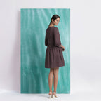 Brown Cotton Flax V-Neck Gathered Short Dress