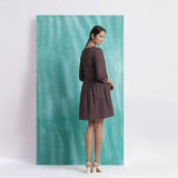 Brown Cotton Flax V-Neck Gathered Short Dress