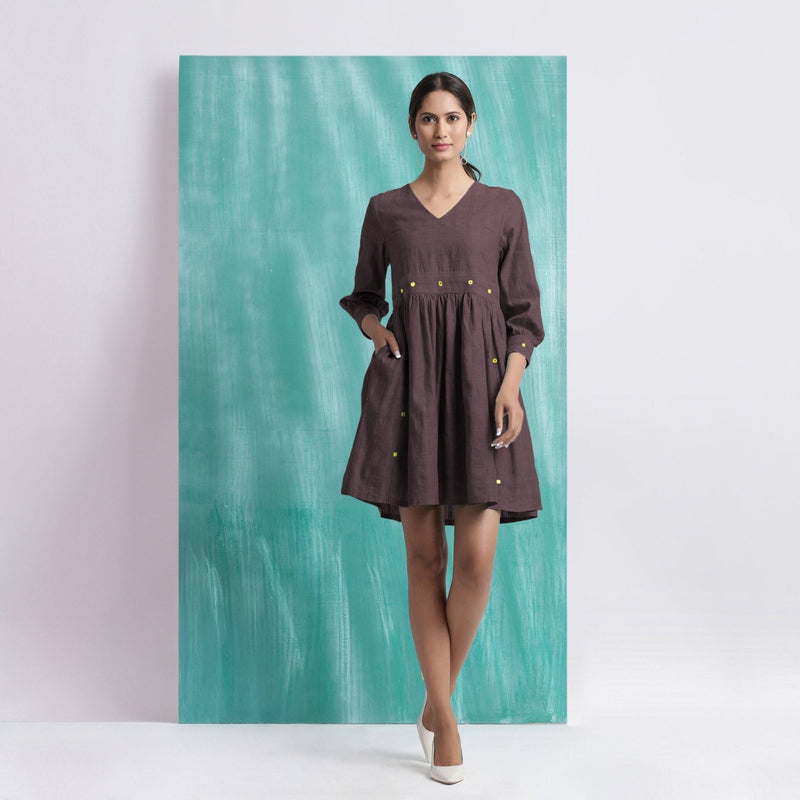 Brown Cotton Flax V-Neck Gathered Short Dress