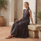 Brown Cotton Flax V-Neck Maxi Tier Dress