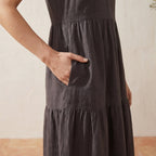 Brown Cotton Flax V-Neck Maxi Tier Dress