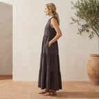 Brown Cotton Flax V-Neck Maxi Tier Dress