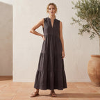 Brown Cotton Flax V-Neck Maxi Tier Dress