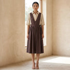 Brown Cotton Flax V-Neck Pinafore Midi Wrap Dress