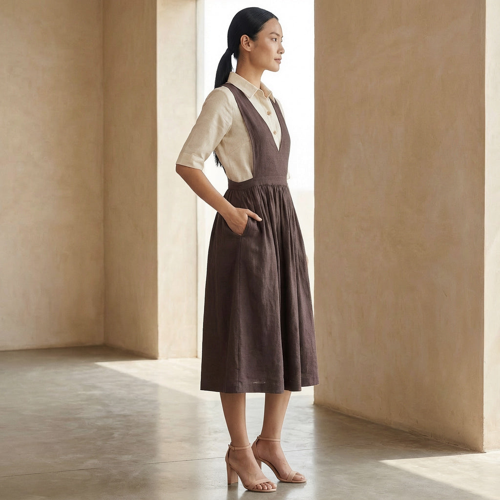 Brown Cotton Flax V-Neck Pinafore Midi Wrap Dress