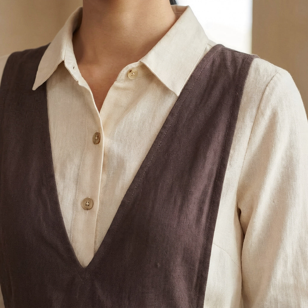 Brown Cotton Flax V-Neck Pinafore Midi Wrap Dress