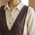 Brown Cotton Flax V-Neck Pinafore Midi Wrap Dress