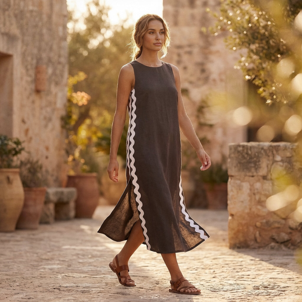 Brown Cotton Flax Wavy Stripe Maxi Shift Dress