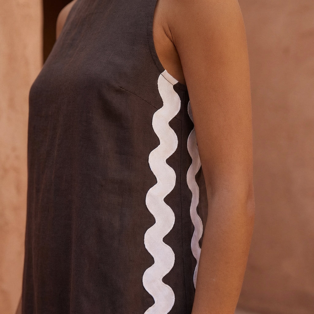 Brown Cotton Flax Wavy Stripe Maxi Shift Dress