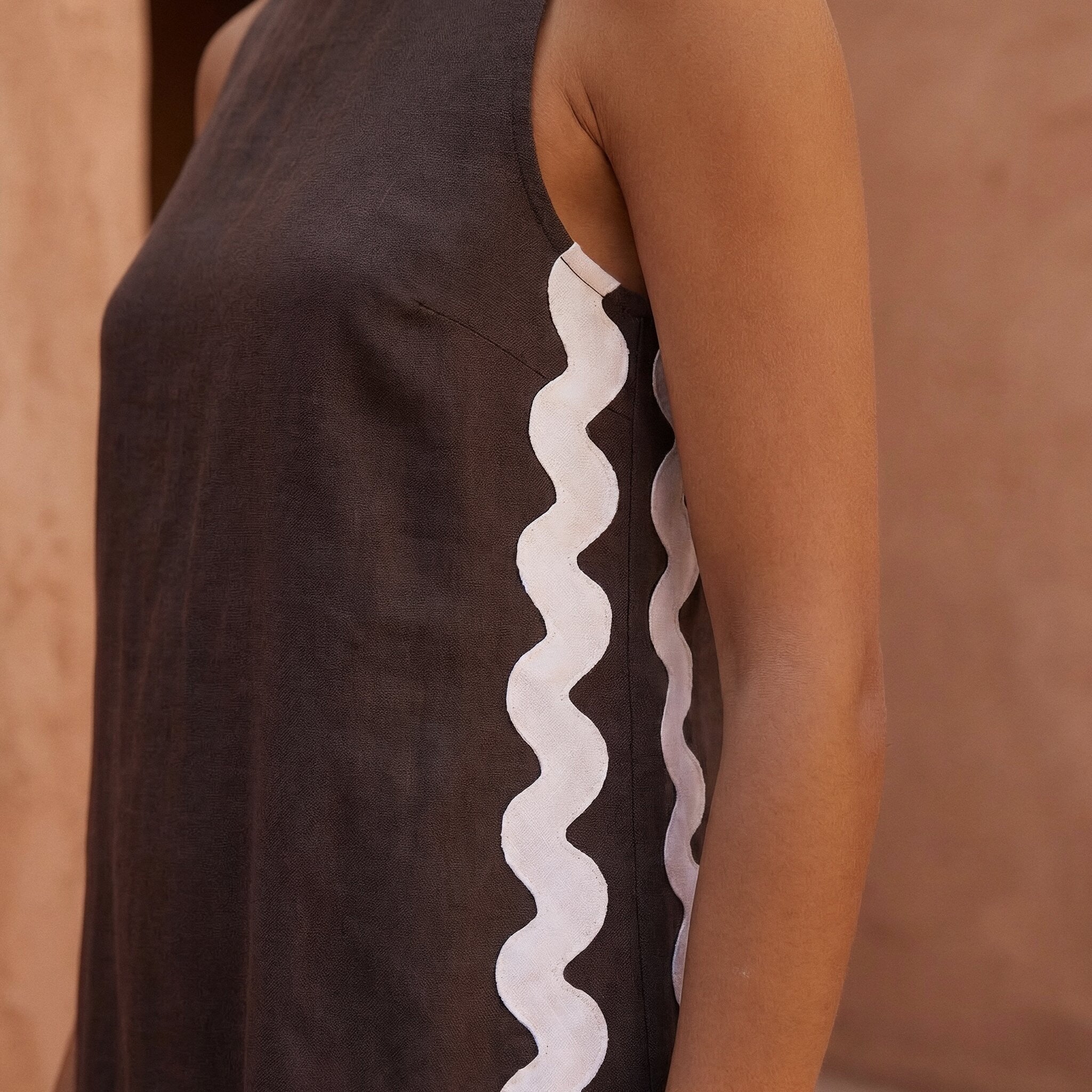 Brown Cotton Flax Wavy Stripe Maxi Shift Dress