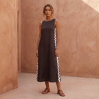 Brown Cotton Flax Wavy Stripe Maxi Shift Dress
