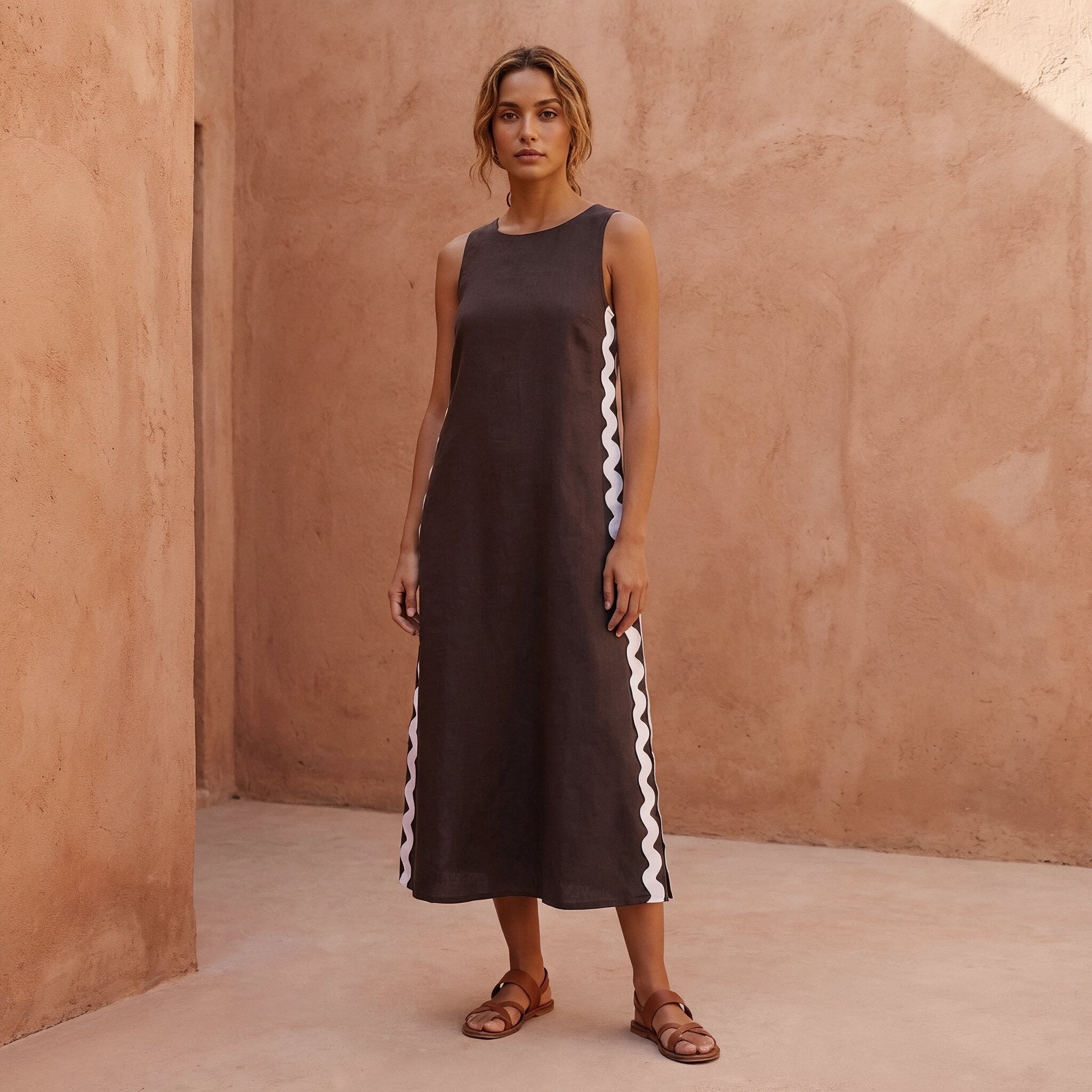 Brown Cotton Flax Wavy Stripe Maxi Shift Dress