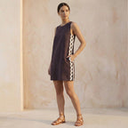 Brown Cotton Flax Wavy Stripe Short Shift Dress