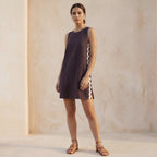 Brown Cotton Flax Wavy Stripe Short Shift Dress