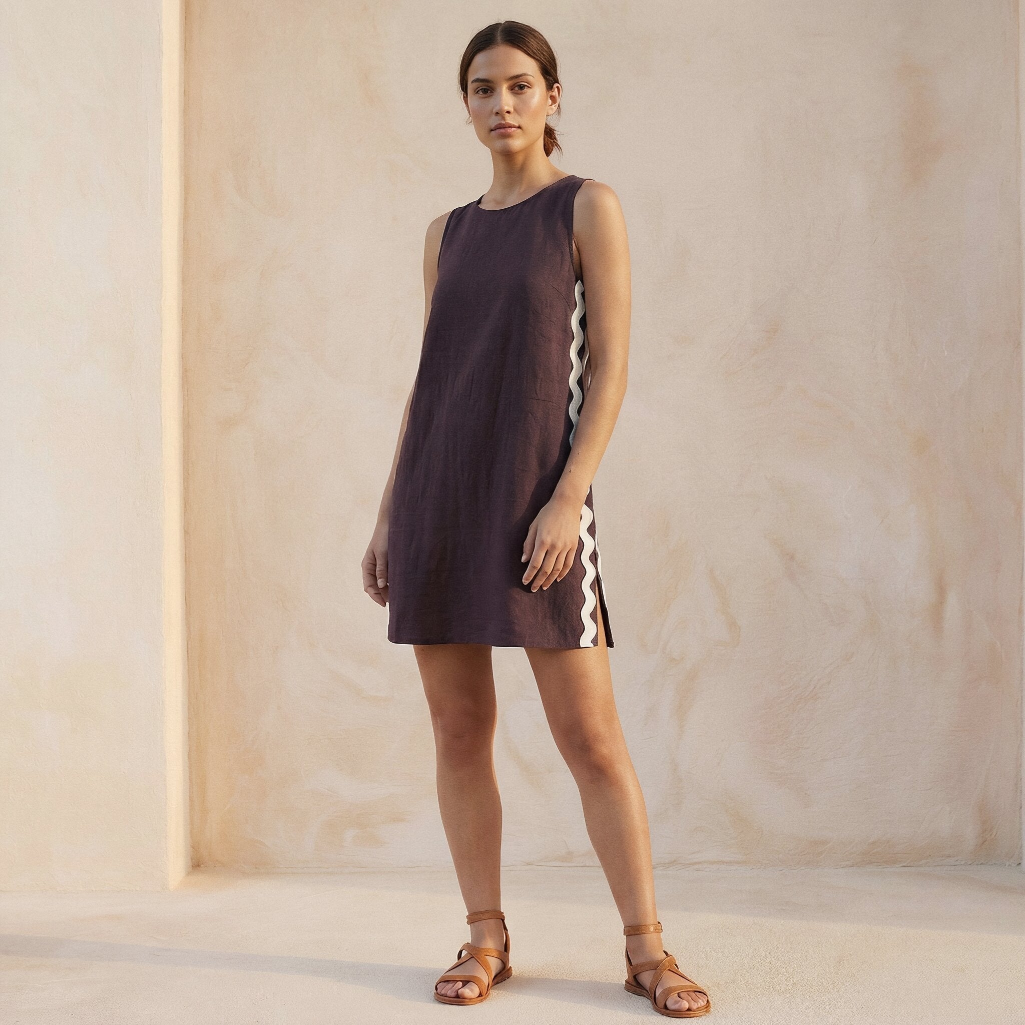 Brown Cotton Flax Wavy Stripe Short Shift Dress