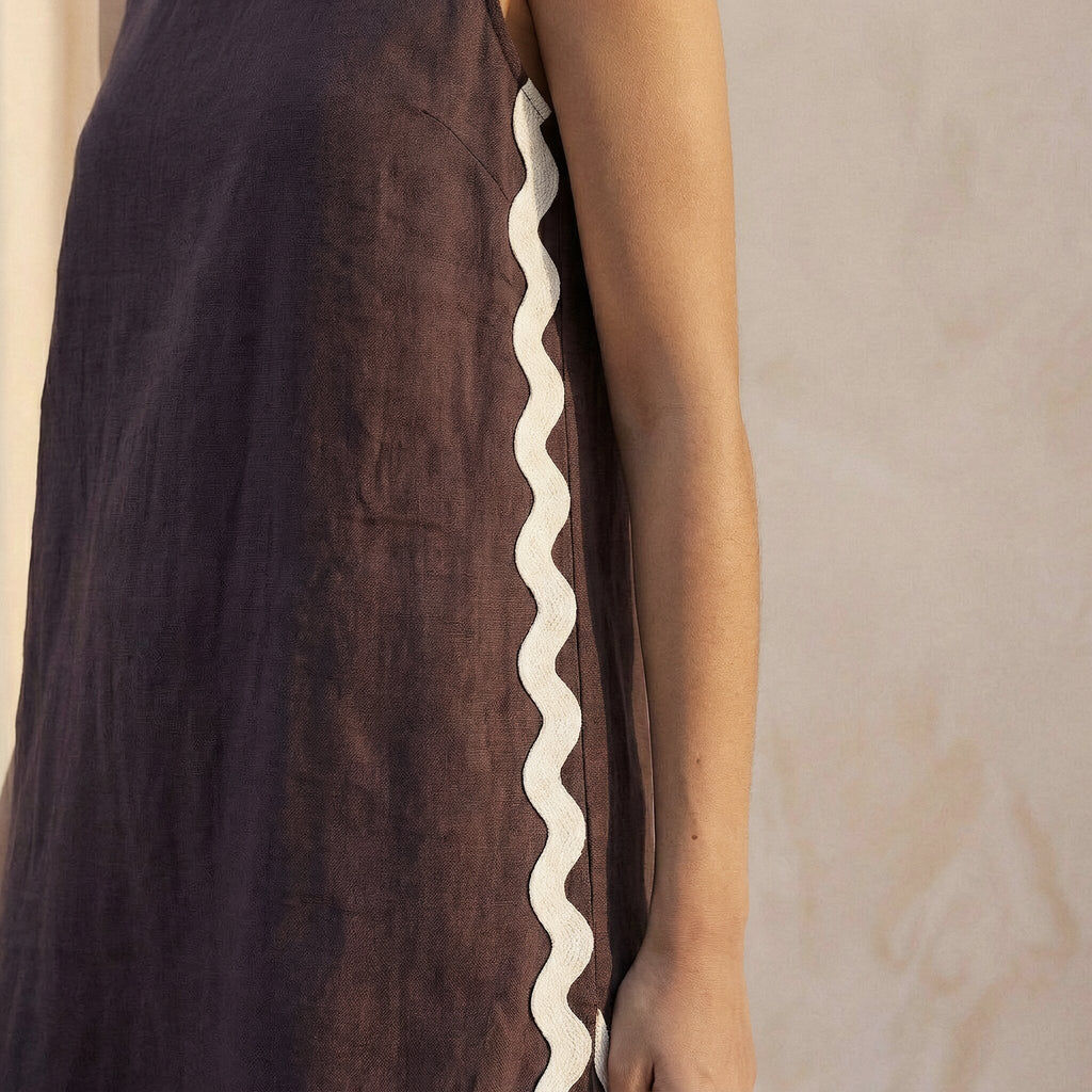 Brown Cotton Flax Wavy Stripe Short Shift Dress