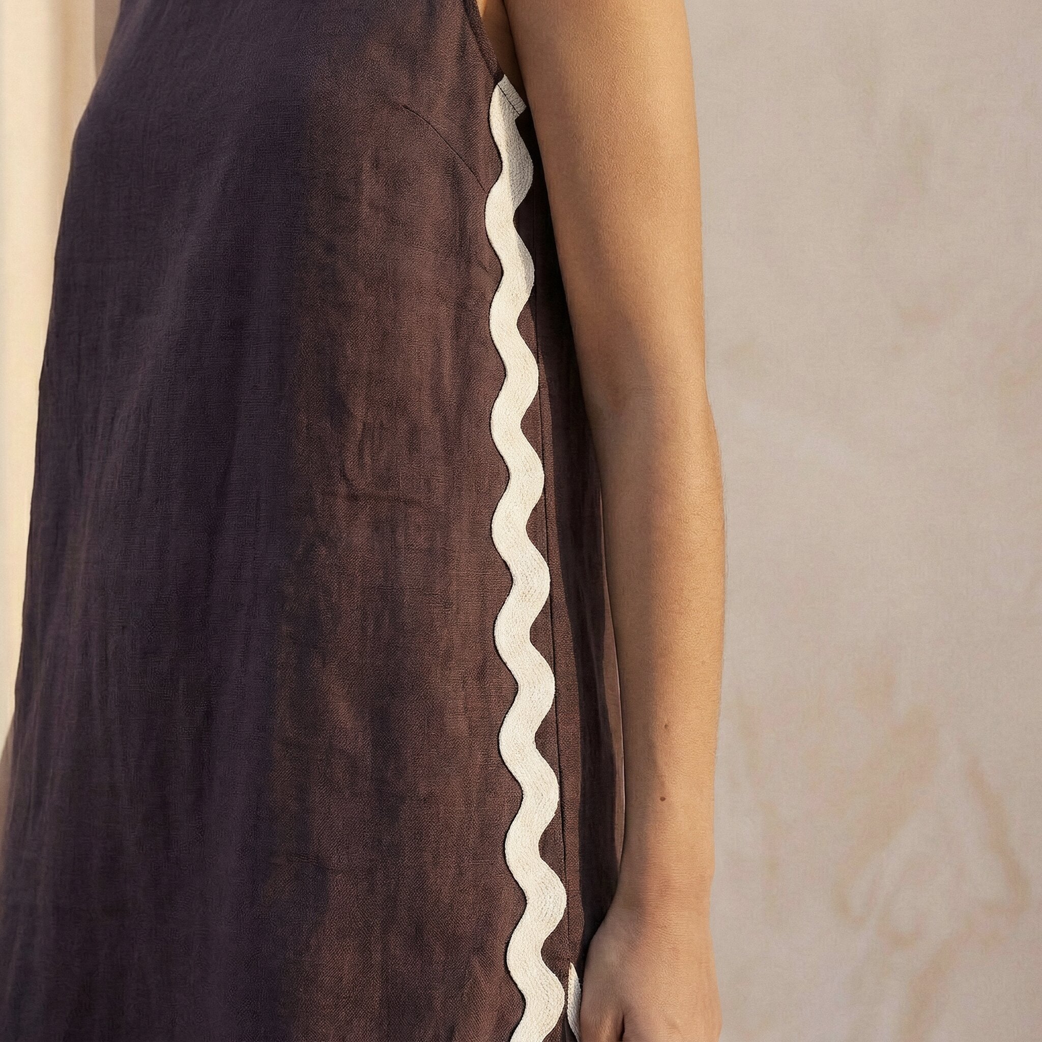 Brown Cotton Flax Wavy Stripe Short Shift Dress
