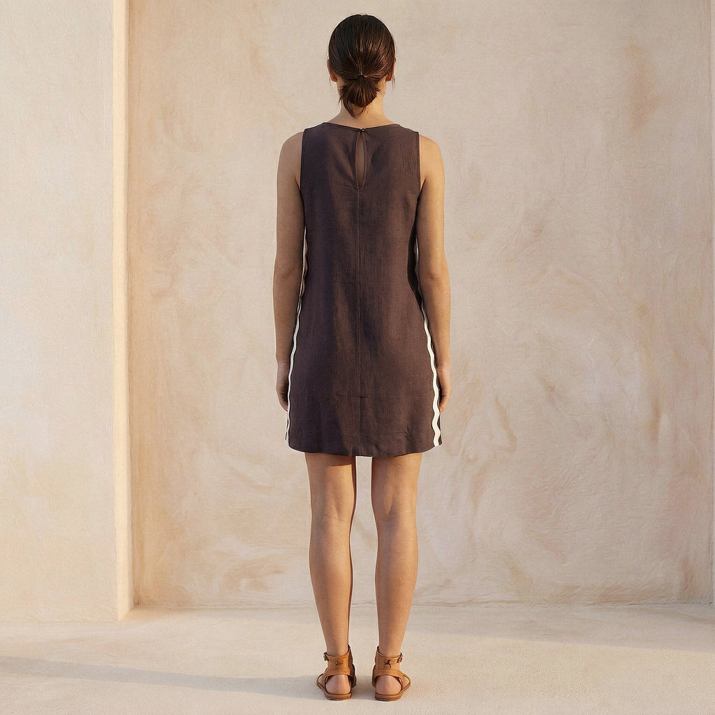 Brown Cotton Flax Wavy Stripe Short Shift Dress