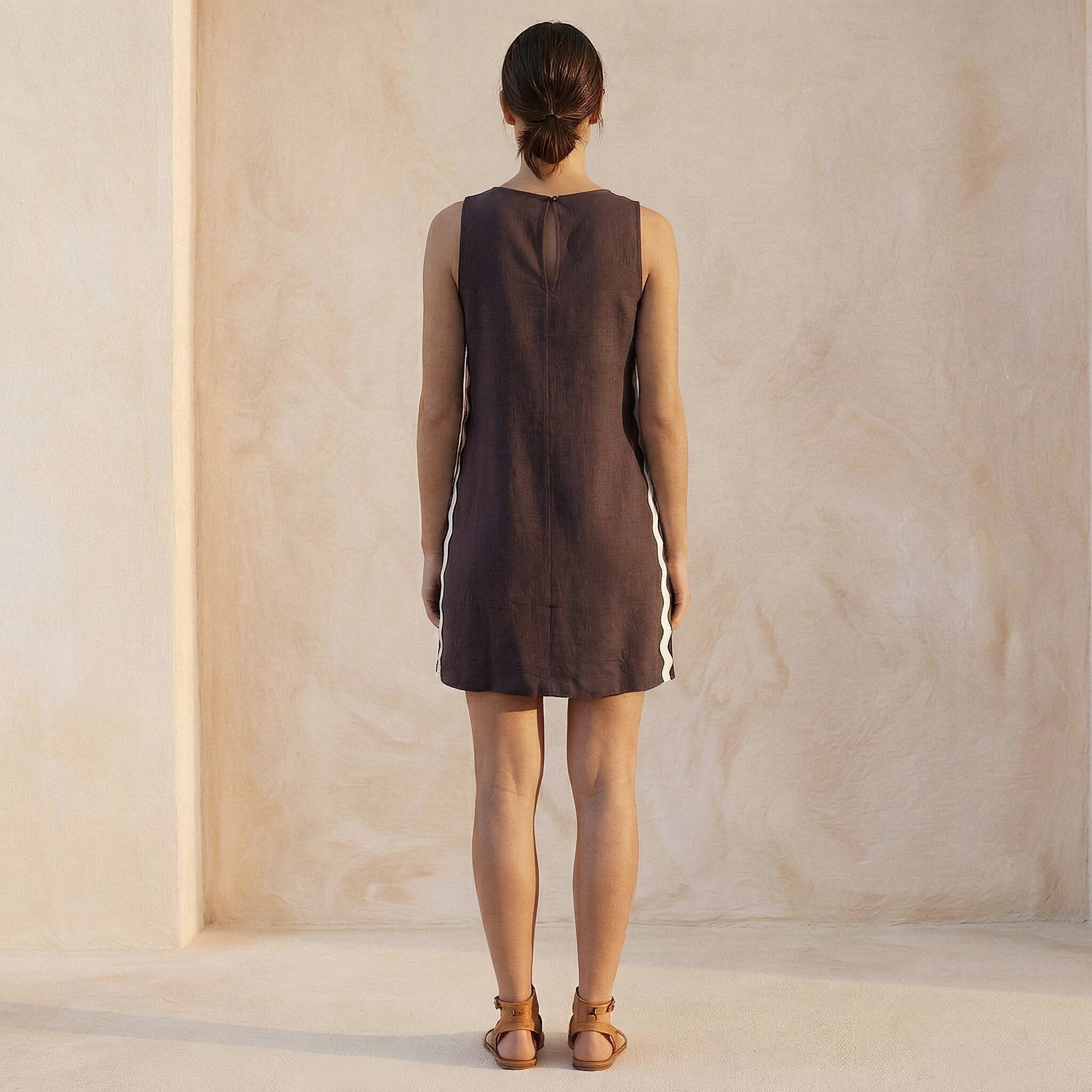 Brown Cotton Flax Wavy Stripe Short Shift Dress