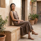Brown Cotton-Linen A-Line V-Neck Sleeveless Maxi Tier Dress