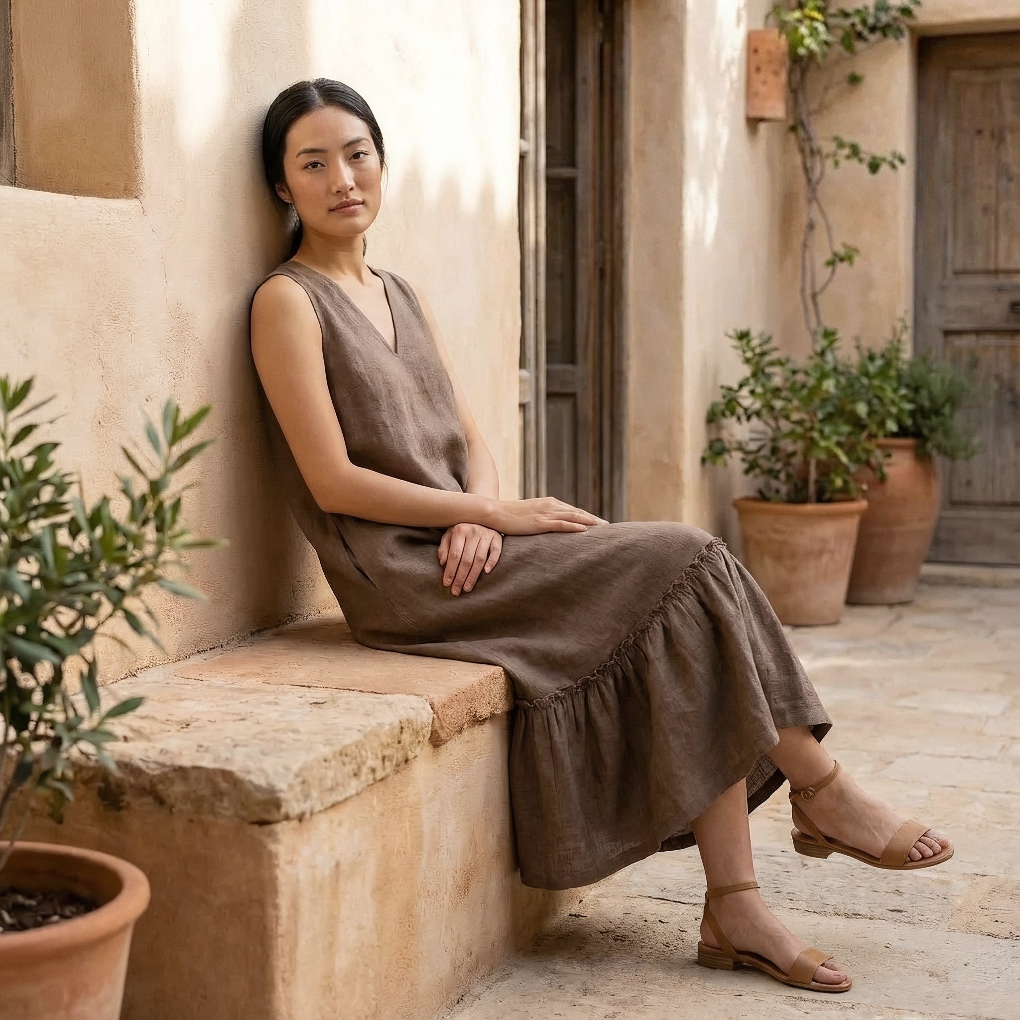 Brown Cotton-Linen A-Line V-Neck Sleeveless Maxi Tier Dress