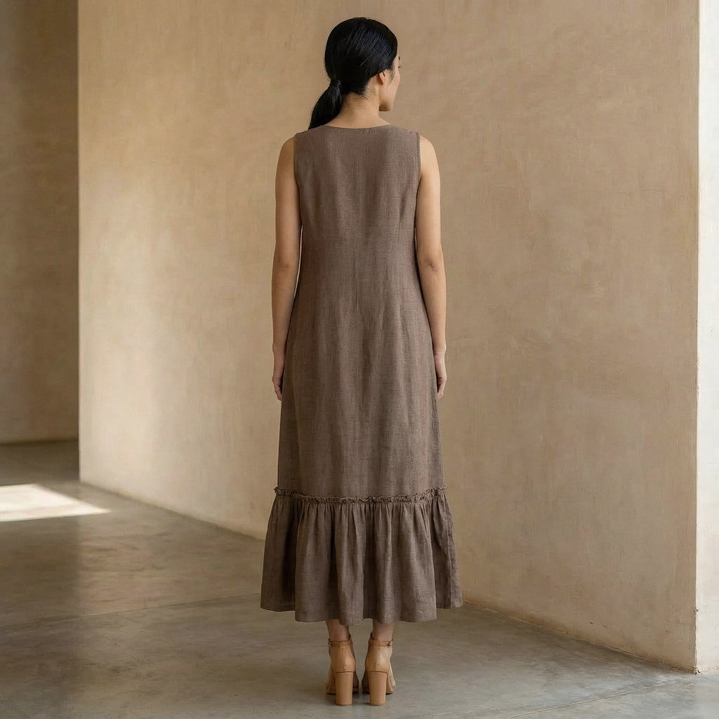 Brown Cotton-Linen A-Line V-Neck Sleeveless Maxi Tier Dress