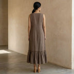 Brown Cotton-Linen A-Line V-Neck Sleeveless Maxi Tier Dress