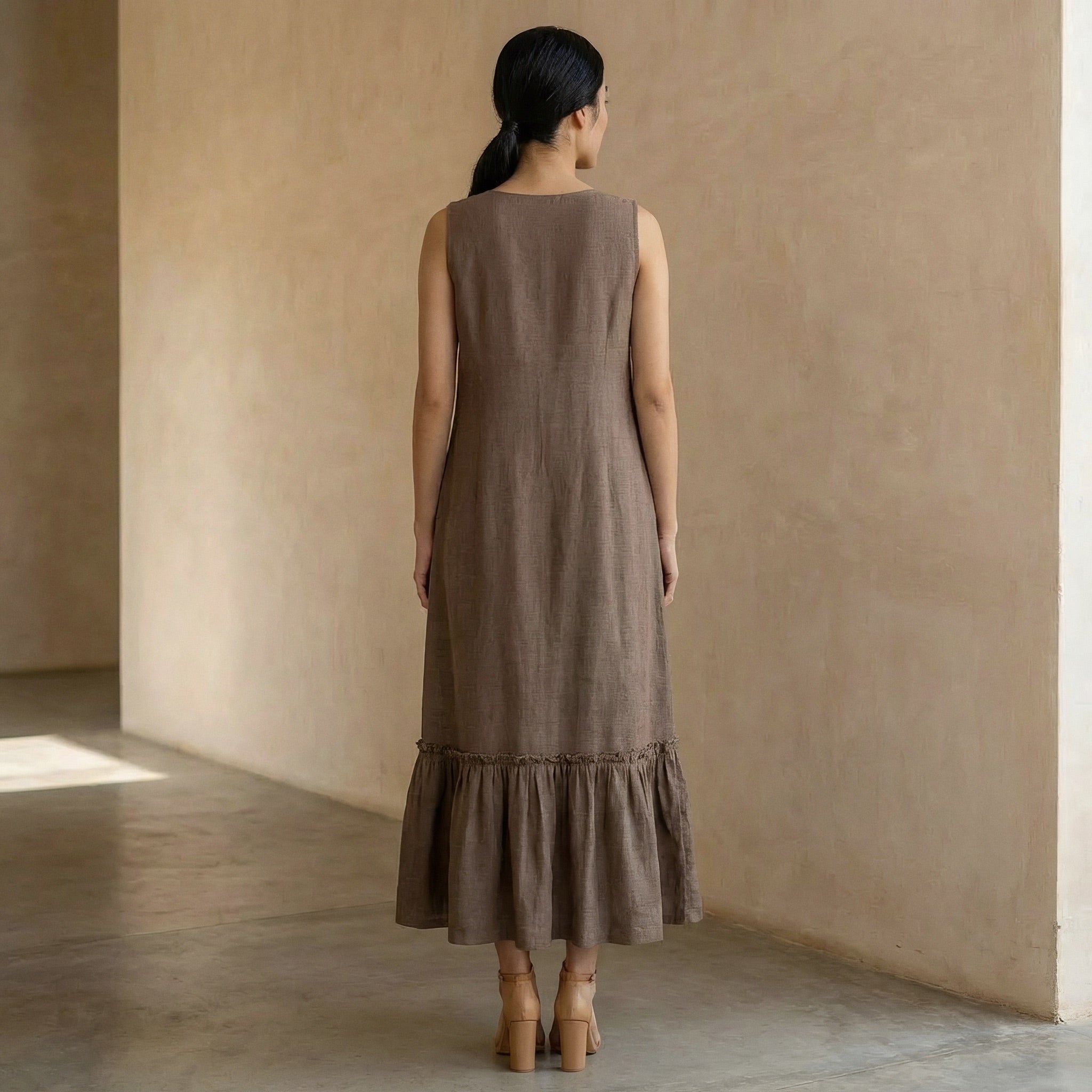 Brown Cotton-Linen A-Line V-Neck Sleeveless Maxi Tier Dress