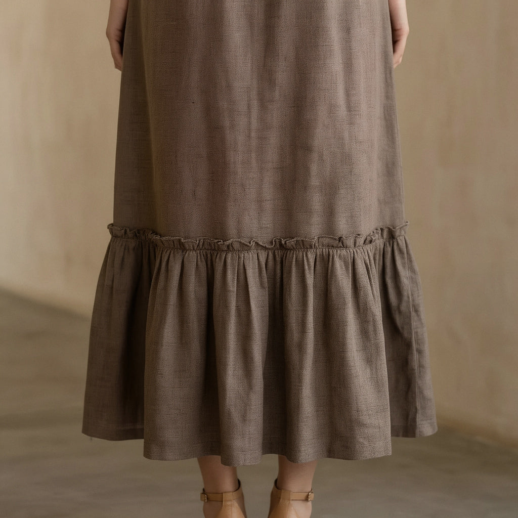 Brown Cotton-Linen A-Line V-Neck Sleeveless Maxi Tier Dress