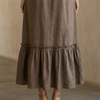 Brown Cotton-Linen A-Line V-Neck Sleeveless Maxi Tier Dress