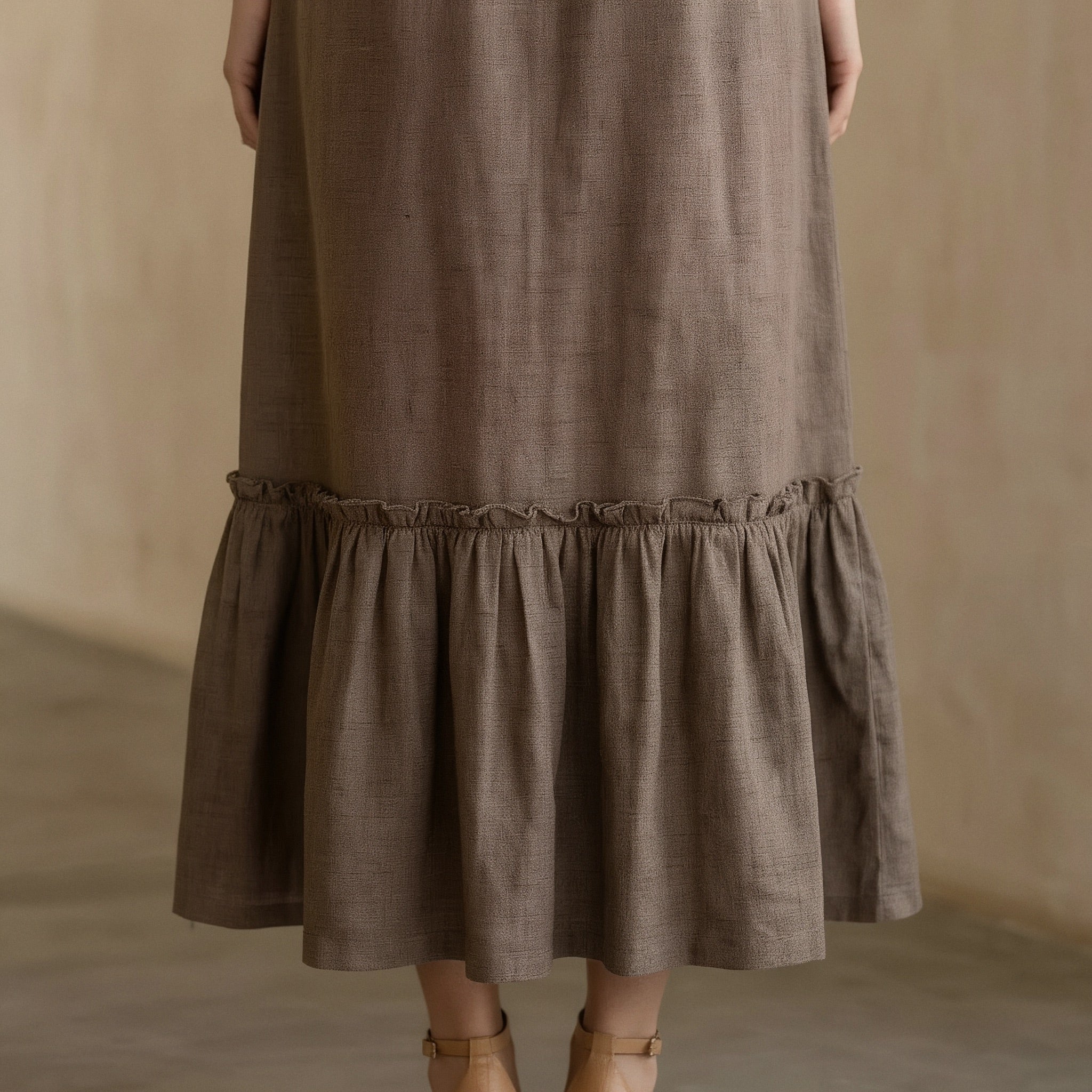 Brown Cotton-Linen A-Line V-Neck Sleeveless Maxi Tier Dress