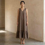 Brown Cotton-Linen A-Line V-Neck Sleeveless Maxi Tier Dress