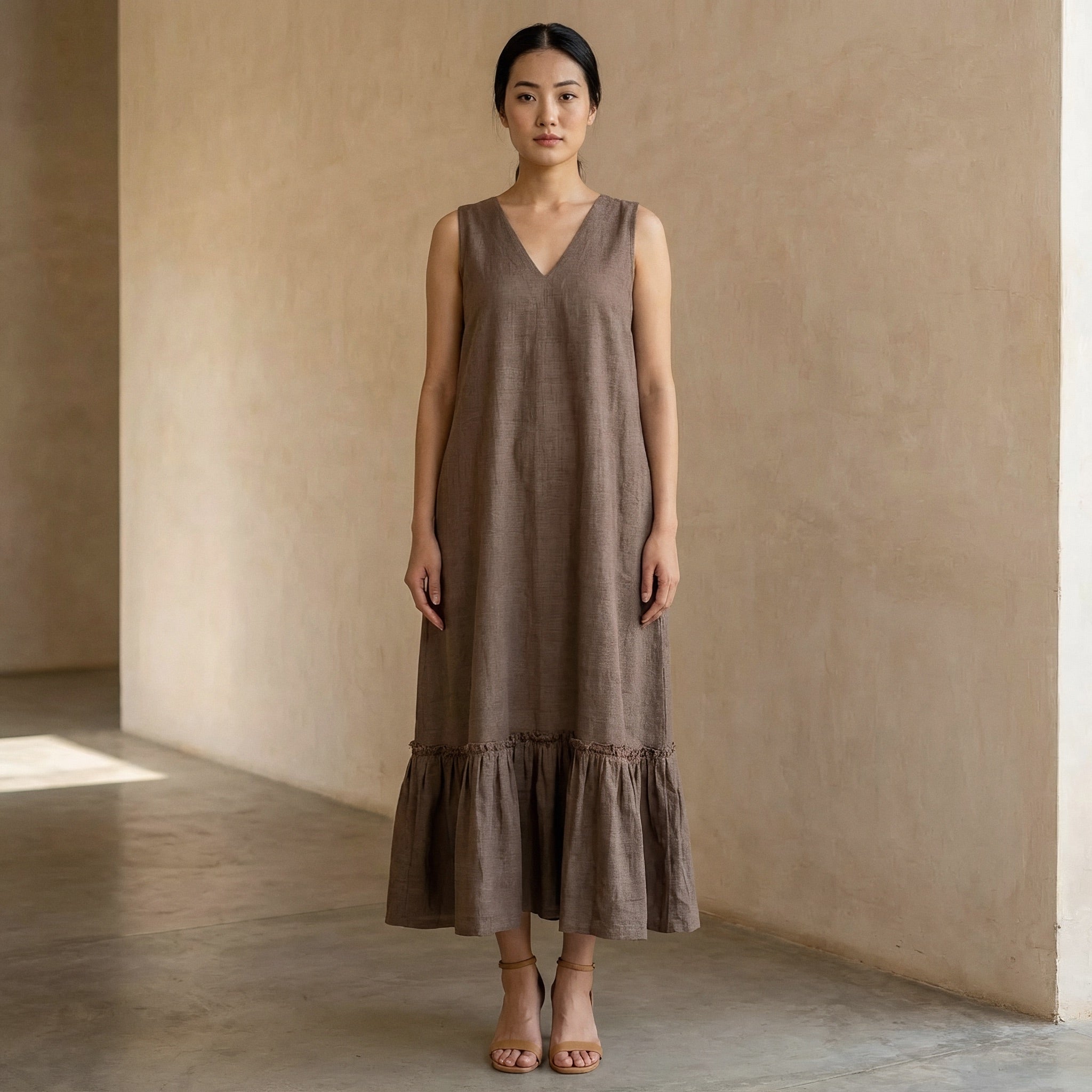 Brown Cotton-Linen A-Line V-Neck Sleeveless Maxi Tier Dress