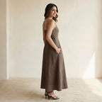 Brown Cotton Linen Ankle Length Flared Sundress
